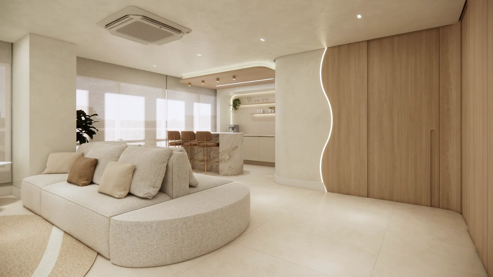 Espaço de acolhimento do projeto ATTA, com sofá, bancada de apoio e painéis de madeira.